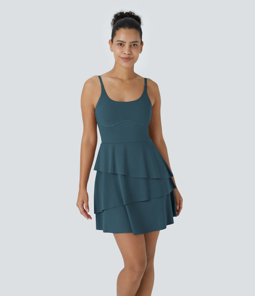 Airy Tiered Ruffle 2-in-1 Pocket InstantCool Mini Slip Dance Active Dress — Ink Green — view 2