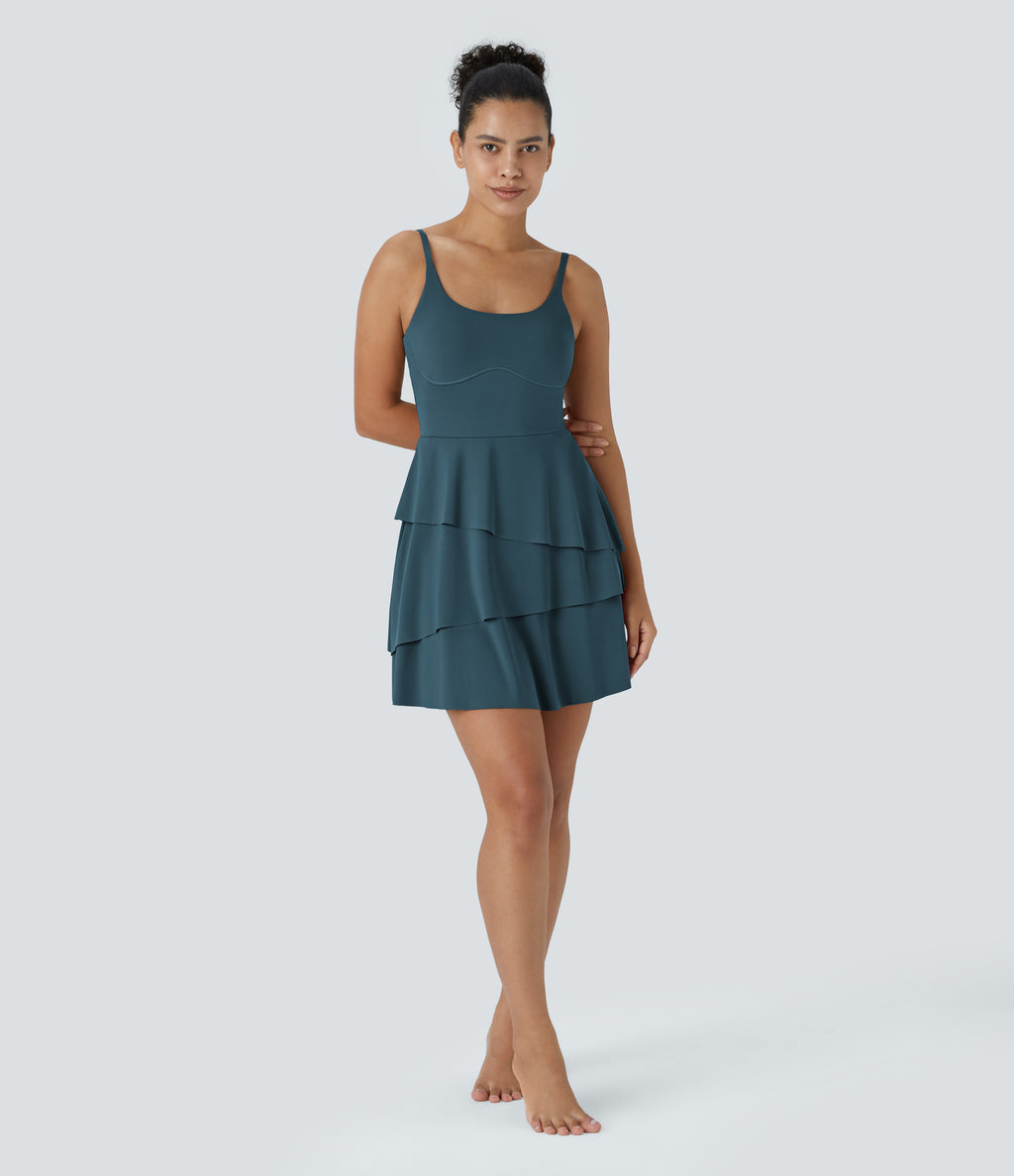 Airy Tiered Ruffle 2-in-1 Pocket InstantCool Mini Slip Dance Active Dress — Ink Green — view 7