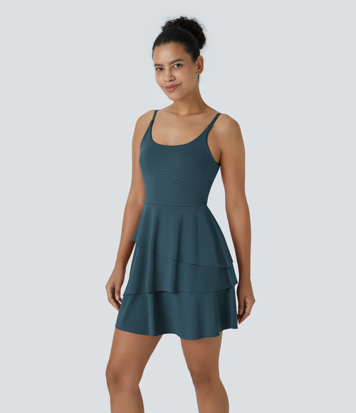 Airy Tiered Ruffle 2-in-1 Pocket InstantCool Mini Slip Dance Active Dress — Ink Green — view 1