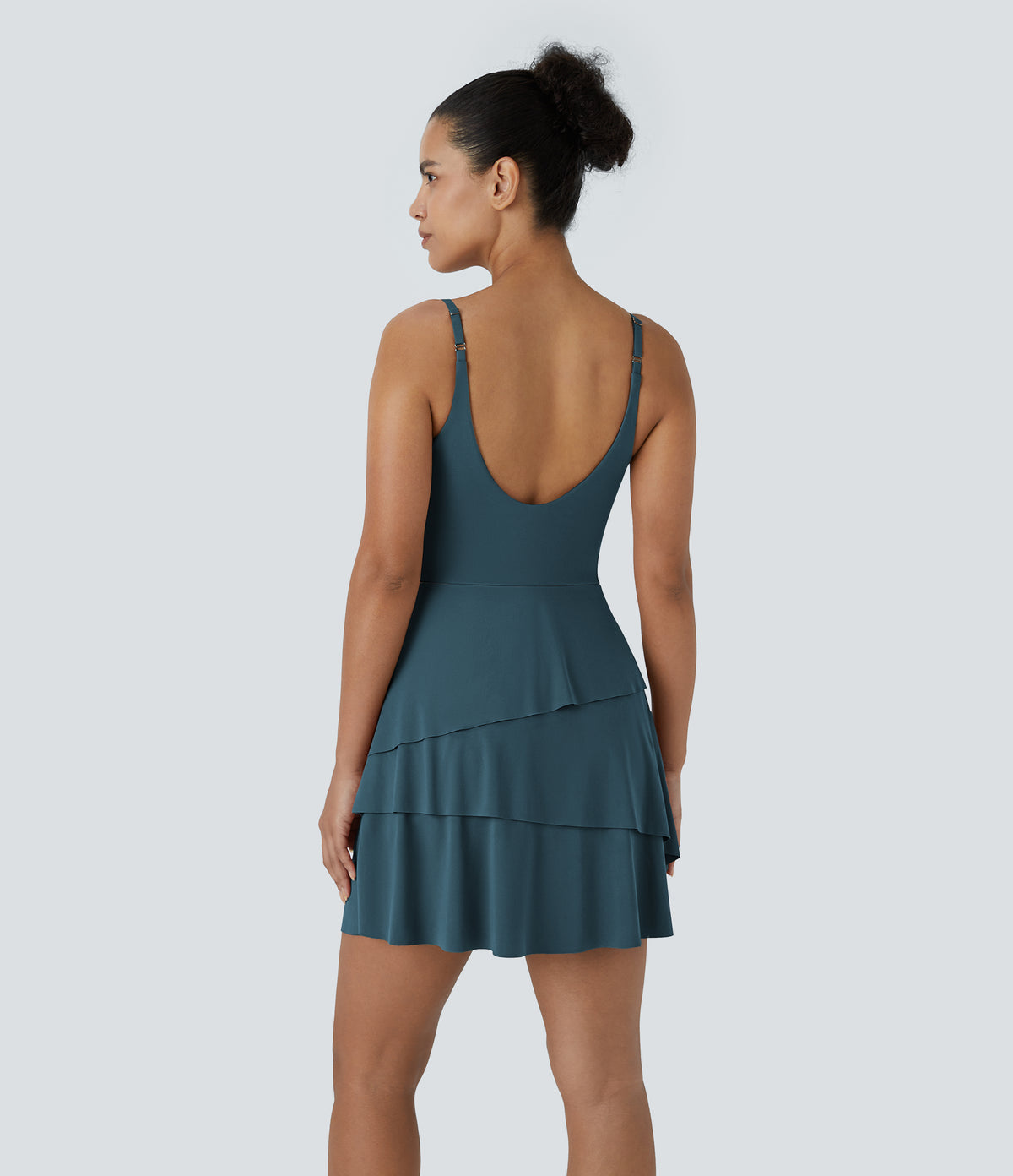 Airy Tiered Ruffle 2-in-1 Pocket InstantCool Mini Slip Dance Active Dress — Ink Green — view 3