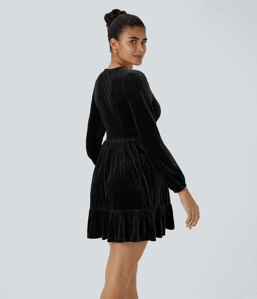 Everyday Deep V Neck Long Sleeve Ruffled Hem Velvet Mini Chill Party Dress — Black — view 3