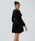 Everyday Deep V Neck Long Sleeve Ruffled Hem Velvet Mini Chill Party Dress — Black — view 3
