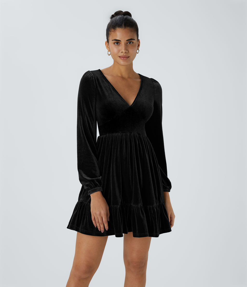 Everyday Deep V Neck Long Sleeve Ruffled Hem Velvet Mini Chill Party Dress — Black — view 1