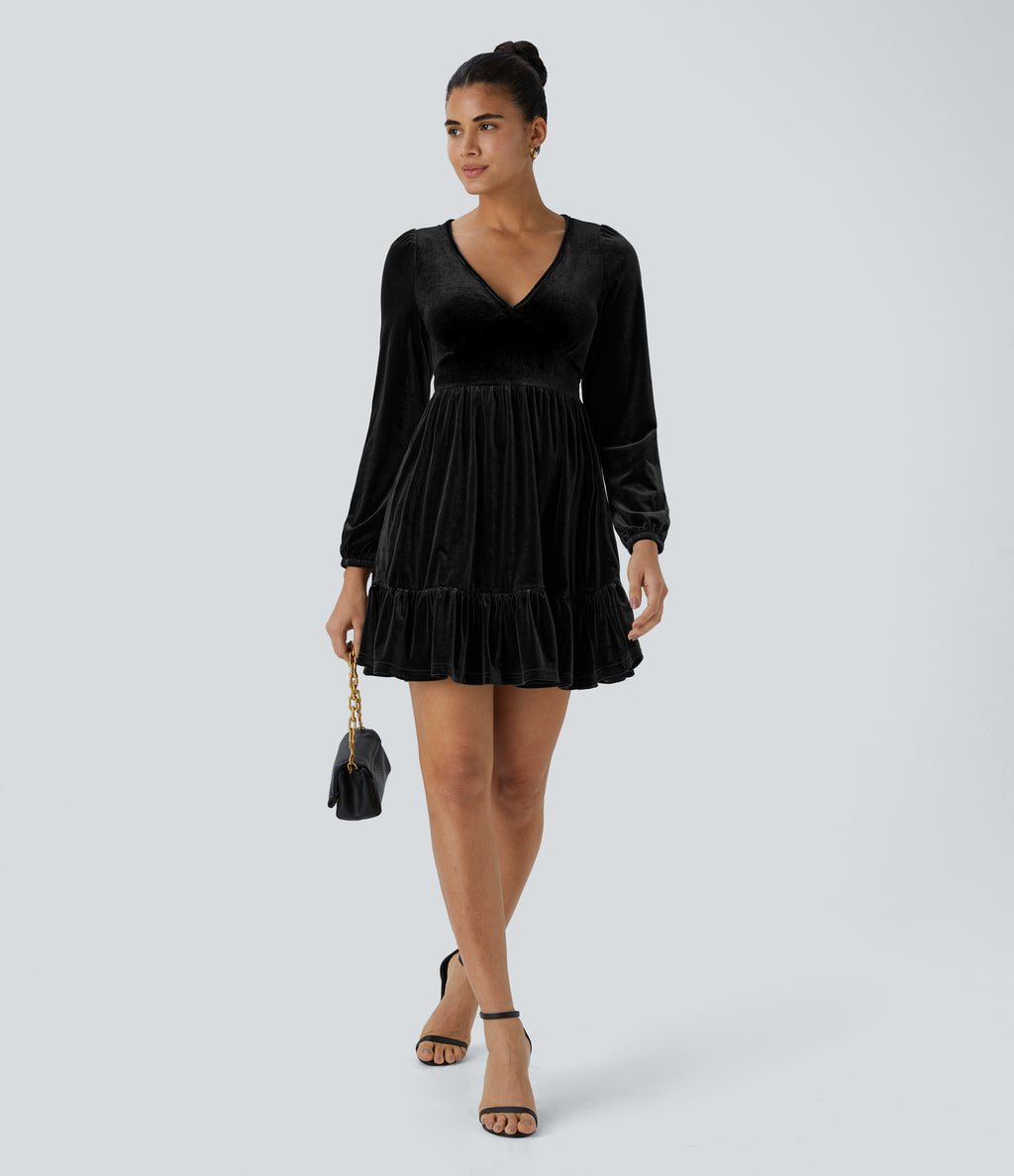 Everyday Deep V Neck Long Sleeve Ruffled Hem Velvet Mini Chill Party Dress — Black — view 7
