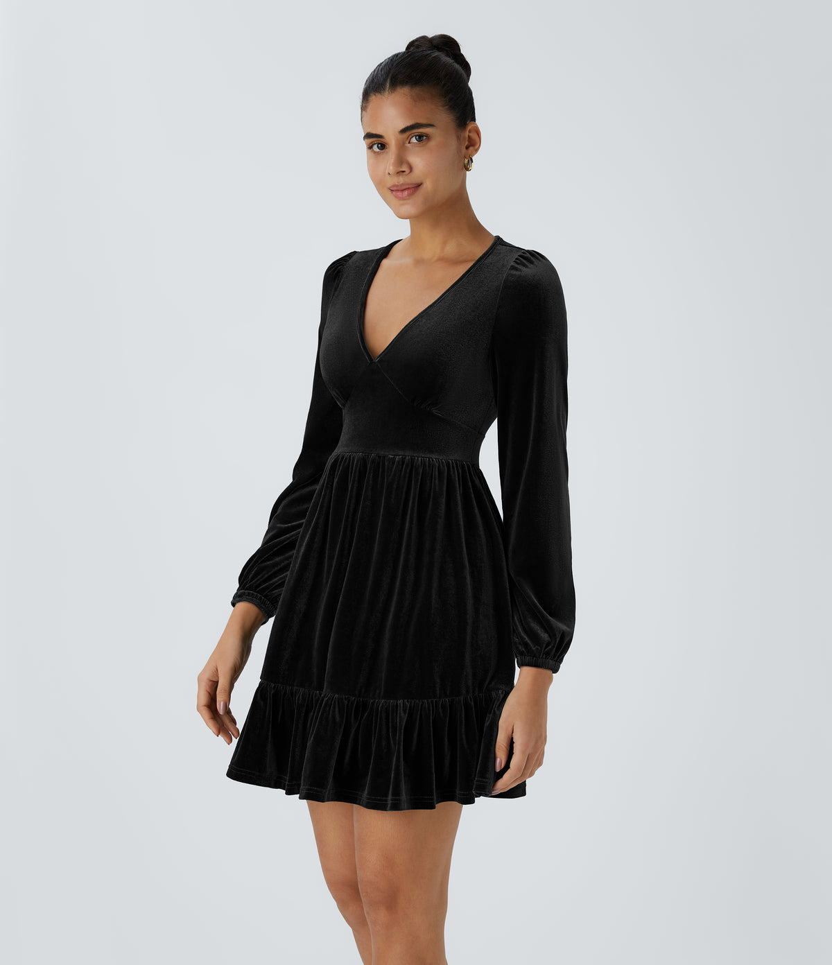 Everyday Deep V Neck Long Sleeve Ruffled Hem Velvet Mini Chill Party Dress — Black — view 4