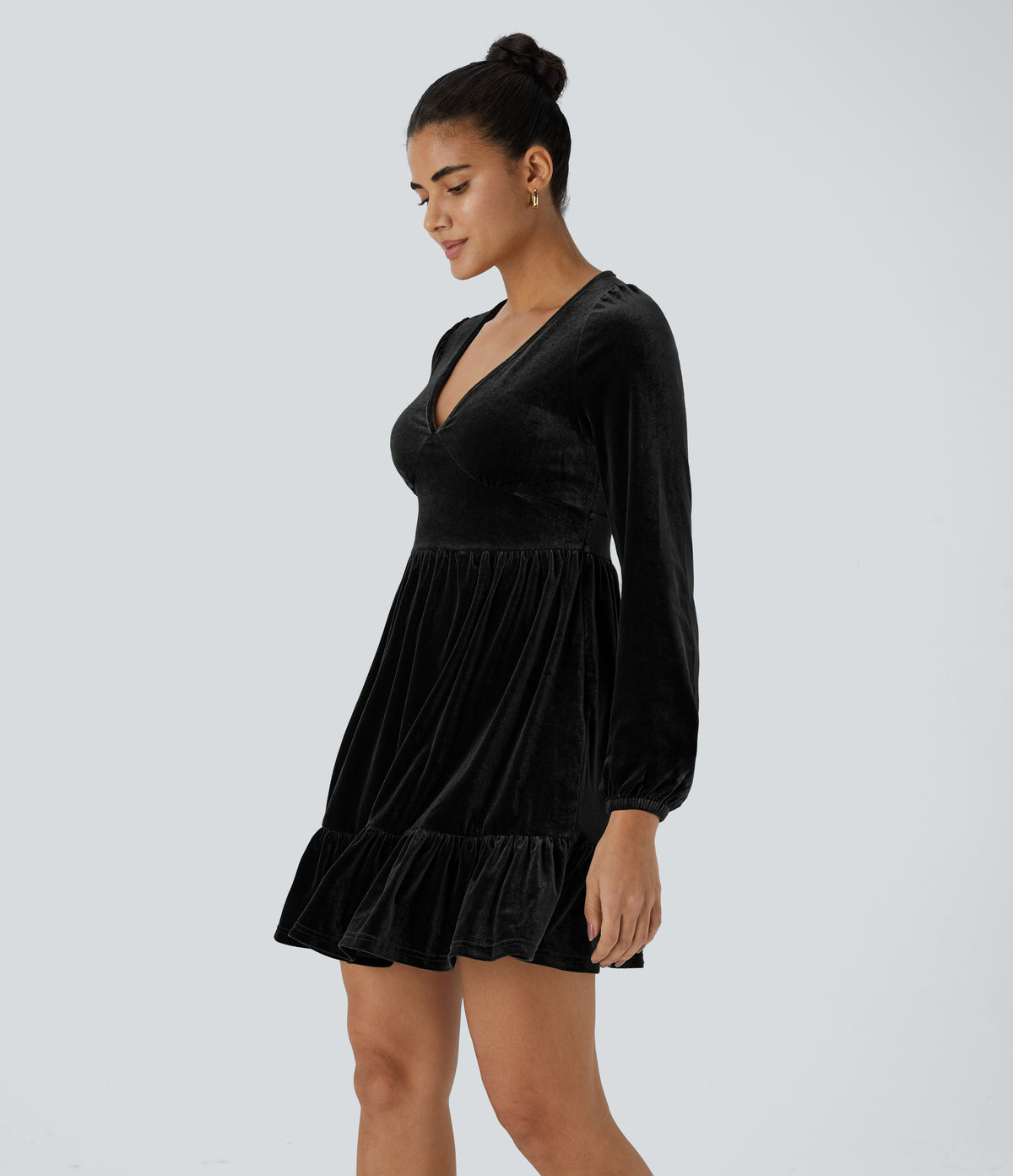 Everyday Deep V Neck Long Sleeve Ruffled Hem Velvet Mini Chill Party Dress — Black — view 5