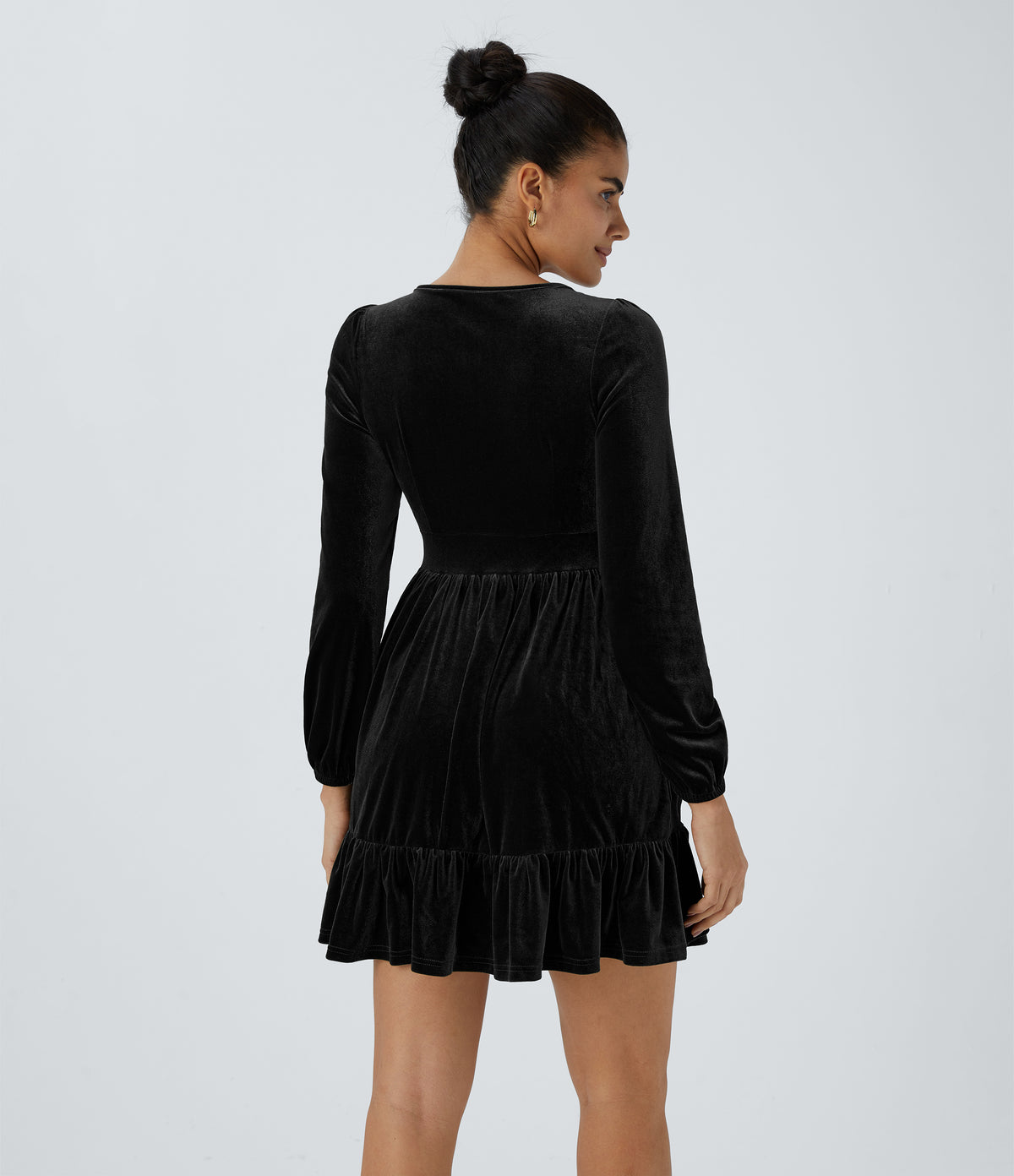Everyday Deep V Neck Long Sleeve Ruffled Hem Velvet Mini Chill Party Dress — Black — view 2