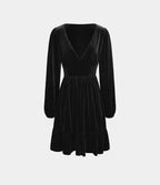 Everyday Deep V Neck Long Sleeve Ruffled Hem Velvet Mini Chill Party Dress — Black — view 8