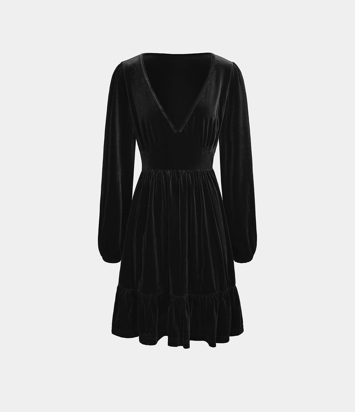 Everyday Deep V Neck Long Sleeve Ruffled Hem Velvet Mini Chill Party Dress — Black — view 8