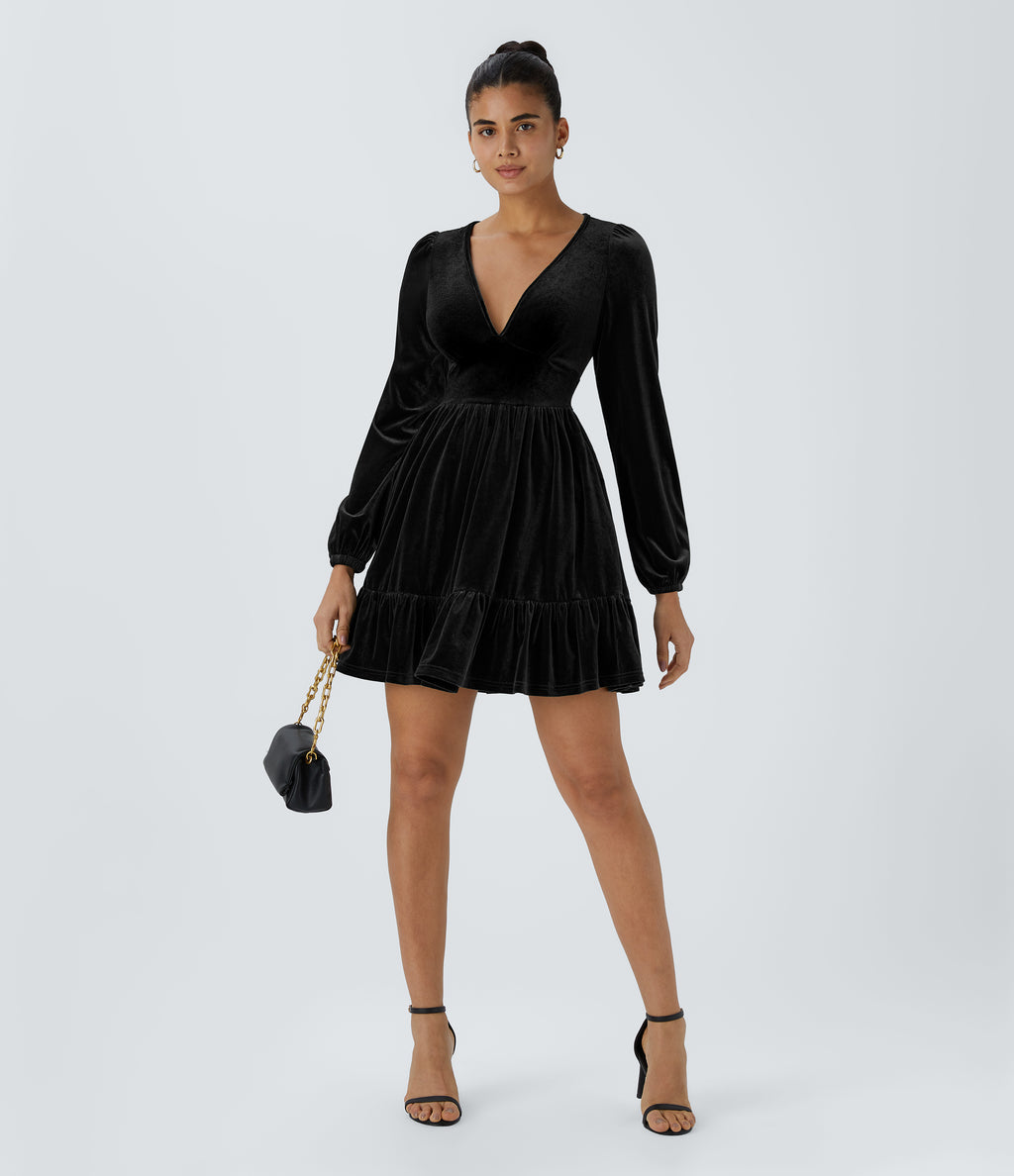 Everyday Deep V Neck Long Sleeve Ruffled Hem Velvet Mini Chill Party Dress — Black — view 6