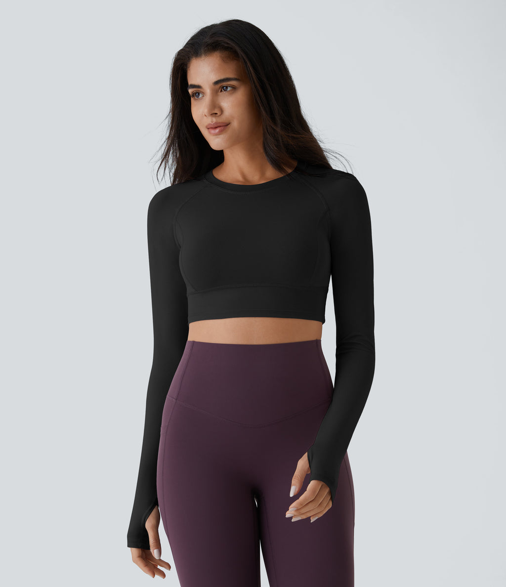 Solid Thumb Hole Cropped Yoga Sports Top — Black — view 2