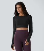 Solid Thumb Hole Cropped Yoga Sports Top — Black — view 2