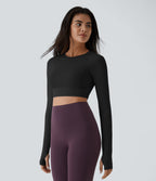 Solid Thumb Hole Cropped Yoga Sports Top — Black — view 1