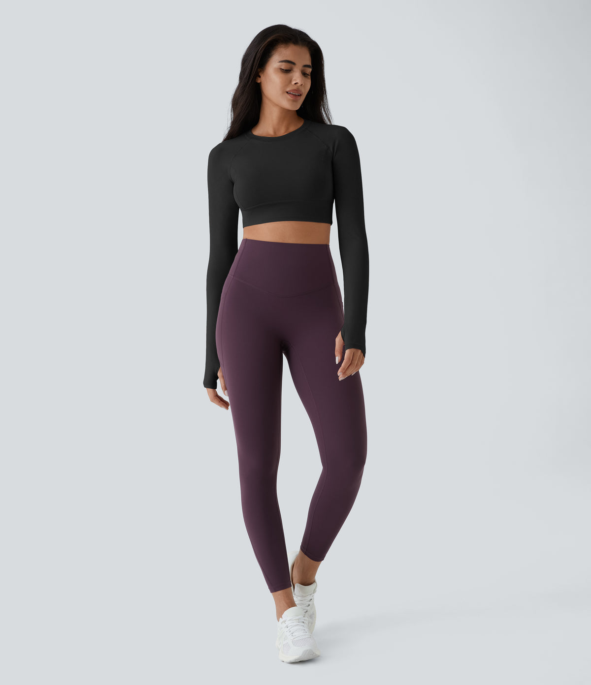 Solid Thumb Hole Cropped Yoga Sports Top — Black — view 6