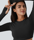 Solid Thumb Hole Cropped Yoga Sports Top — Black — view 4