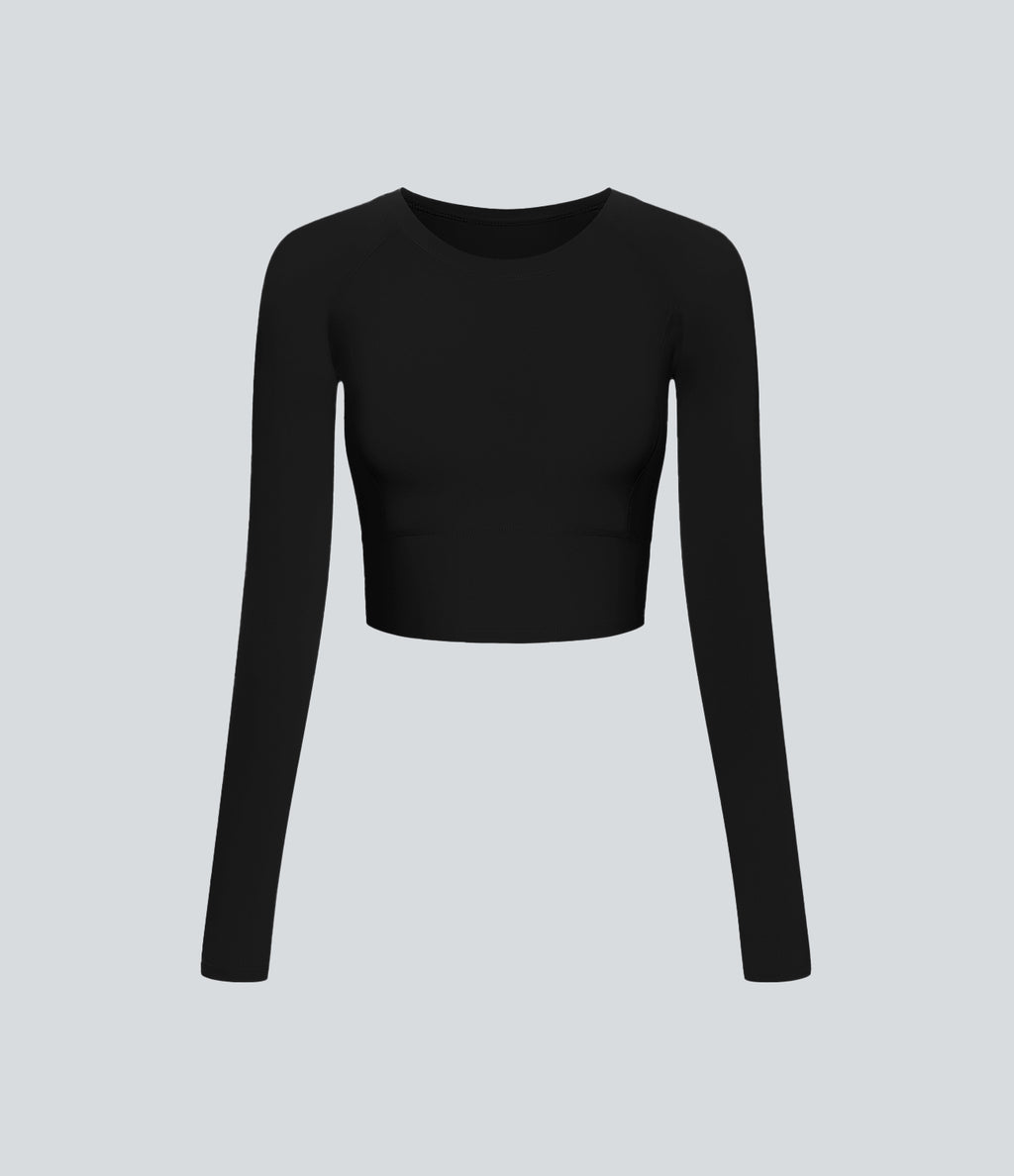 Solid Thumb Hole Cropped Yoga Sports Top — Black — view 7