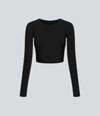 Solid Thumb Hole Cropped Yoga Sports Top — Black — view 7