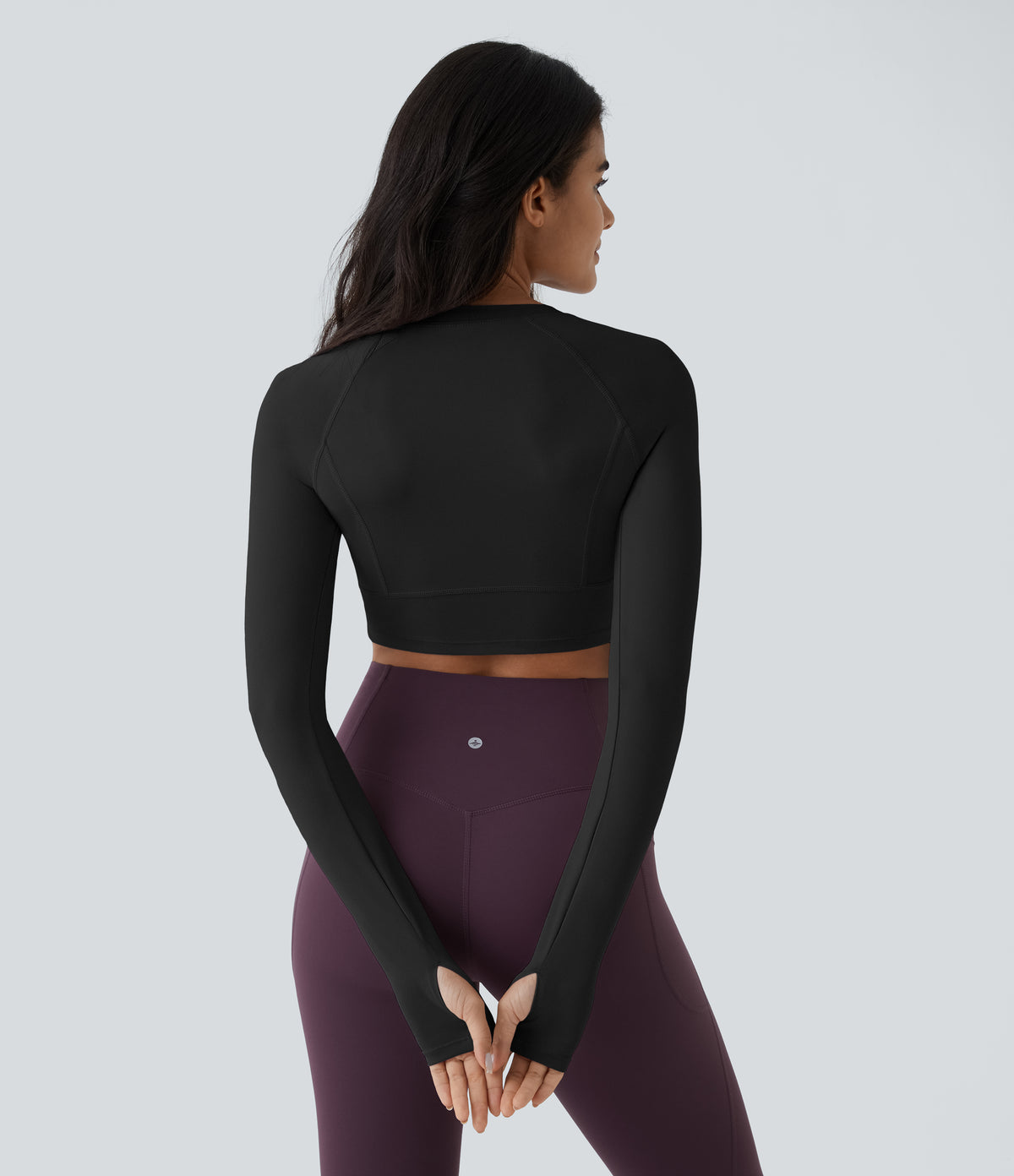 Solid Thumb Hole Cropped Yoga Sports Top — Black — view 3
