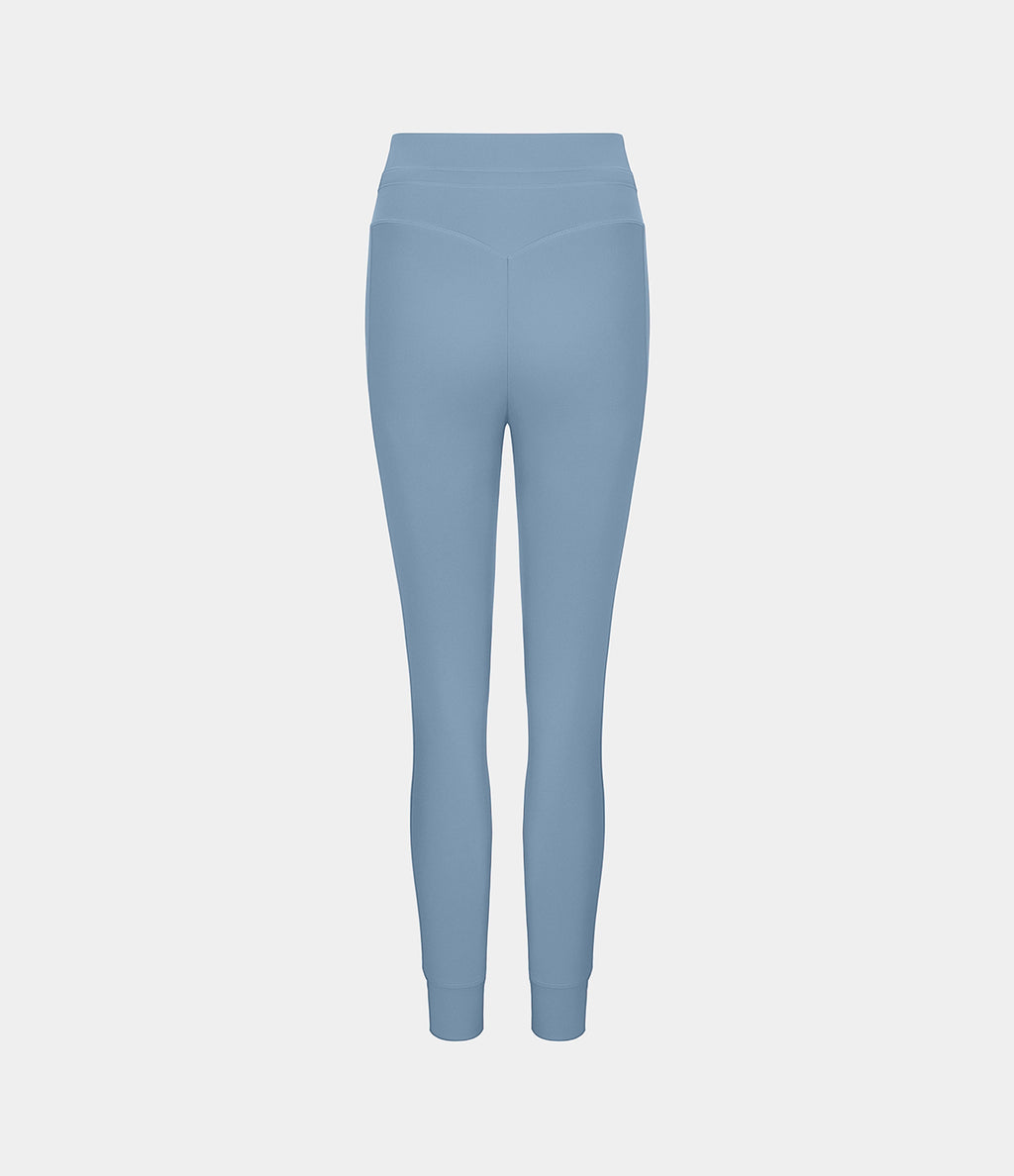 Plush High Waisted Drawstring Pocket Plain Full Length Joggers — Grey Blue — view 8