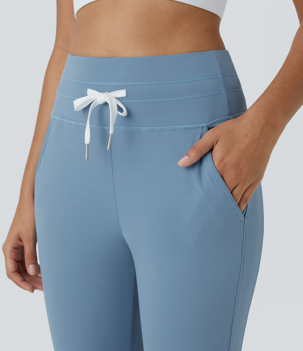 Plush High Waisted Drawstring Pocket Plain Full Length Joggers — Grey Blue — view 4