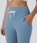Plush High Waisted Drawstring Pocket Plain Full Length Joggers — Grey Blue — view 4