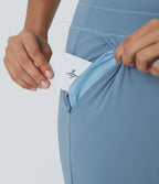 Plush High Waisted Drawstring Pocket Plain Full Length Joggers — Grey Blue — view 5