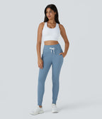 Plush High Waisted Drawstring Pocket Plain Full Length Joggers — Grey Blue — view 6