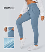 Plush High Waisted Drawstring Pocket Plain Full Length Joggers — Grey Blue — view 1