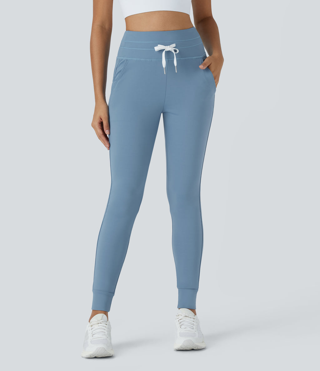 Plush High Waisted Drawstring Pocket Plain Full Length Joggers — Grey Blue — view 3