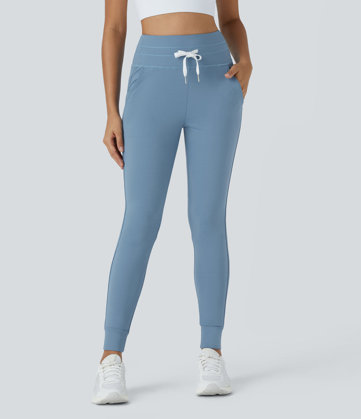 Plush High Waisted Drawstring Pocket Plain Full Length Joggers — Grey Blue — view 3
