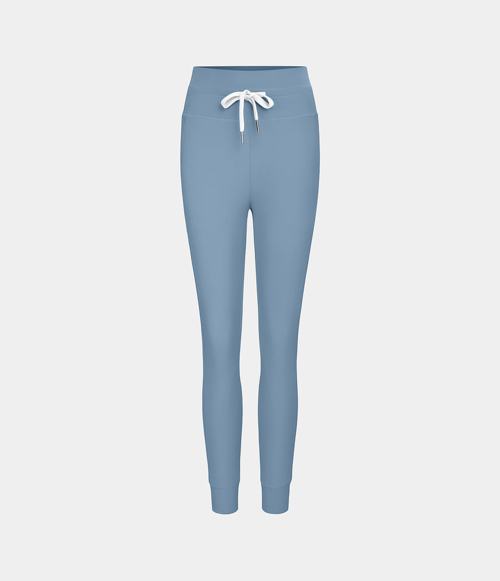 Plush High Waisted Drawstring Pocket Plain Full Length Joggers — Grey Blue — view 7