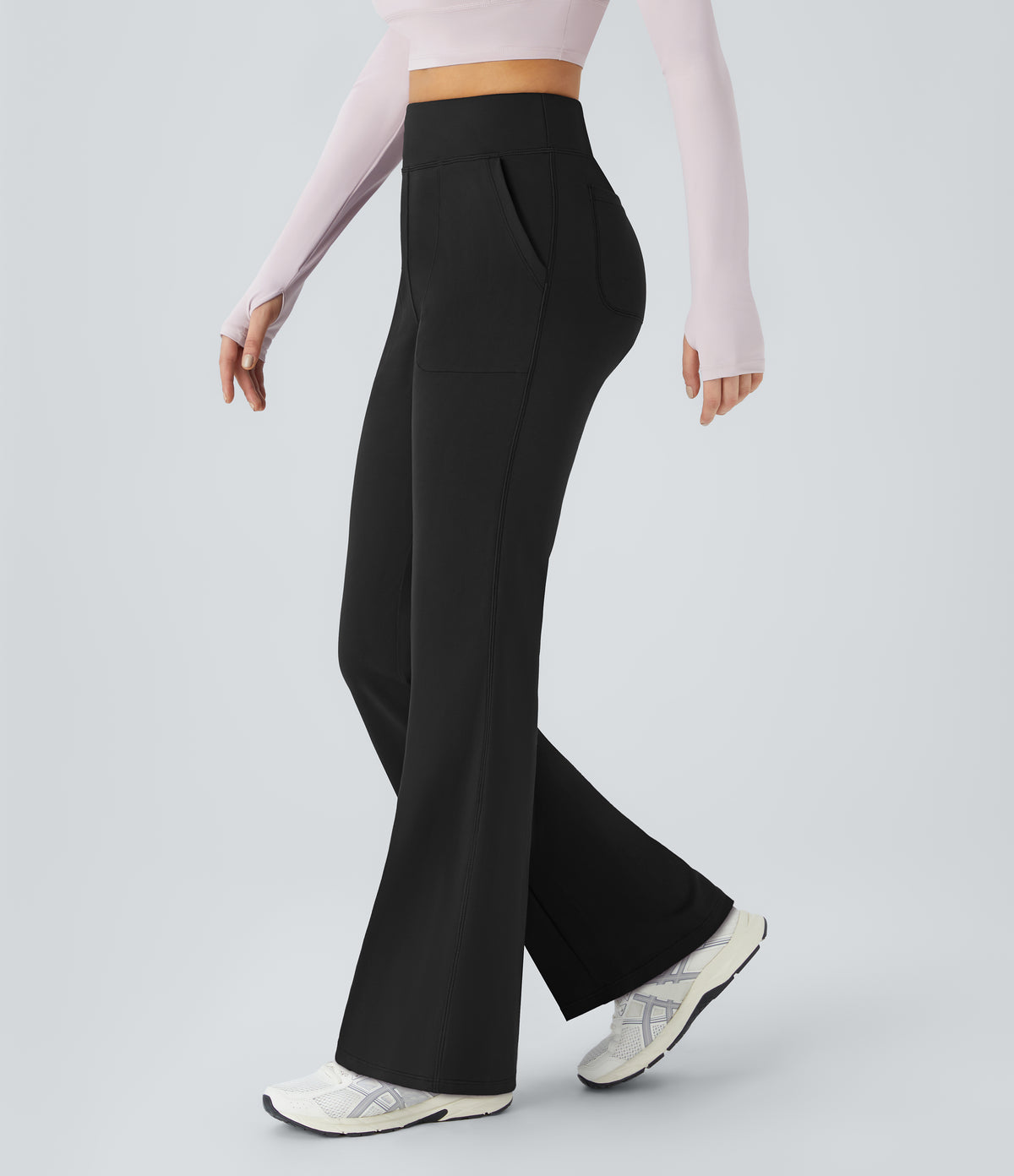 High Waisted Pocket Plain Flared Leggings — Black — view 4