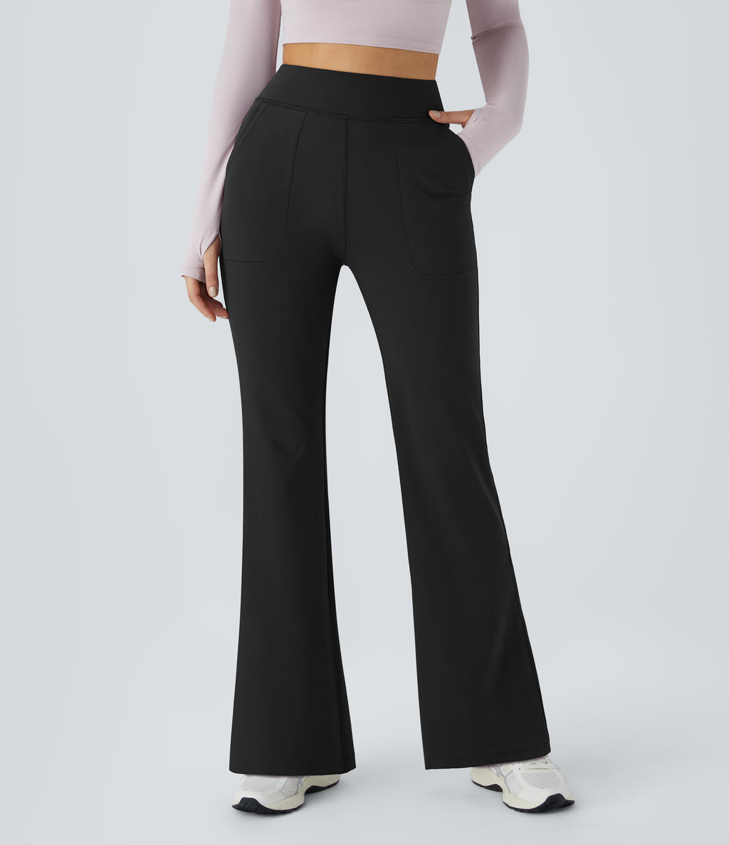High Waisted Pocket Plain Flared Leggings — Black — view 3