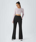 High Waisted Pocket Plain Flared Leggings — Black — view 5