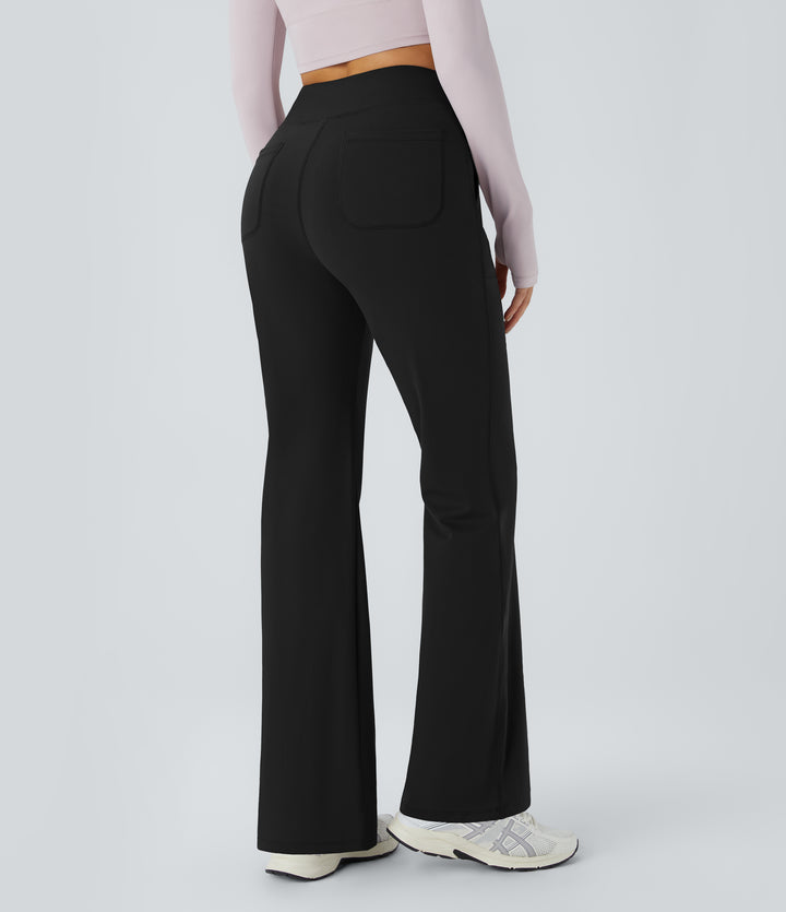 High Waisted Pocket Plain Flared Leggings — Black — view 1