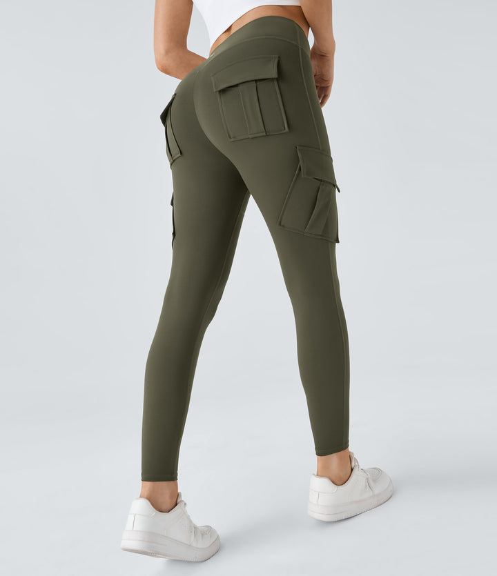 High Waisted Cargo Pocket Skinny Yoga Leggings — Forest Night — view 1