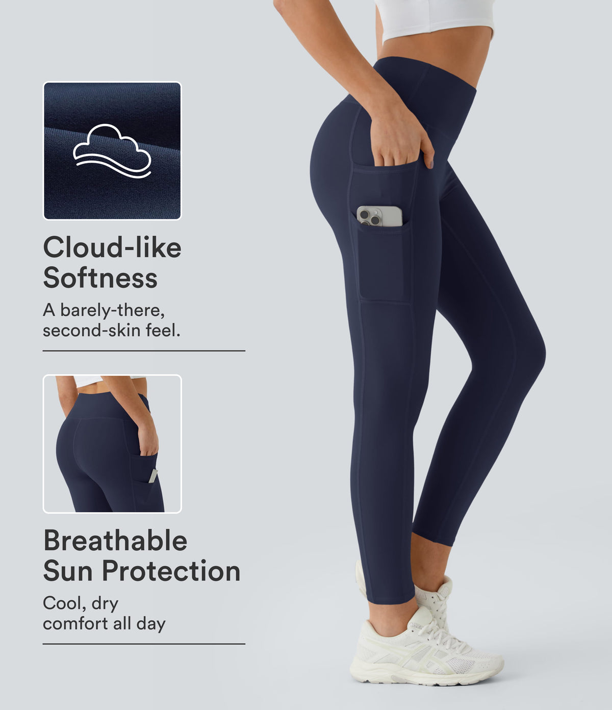 High Waisted Double Pockets Plain Leggings — Peacoat — view 1
