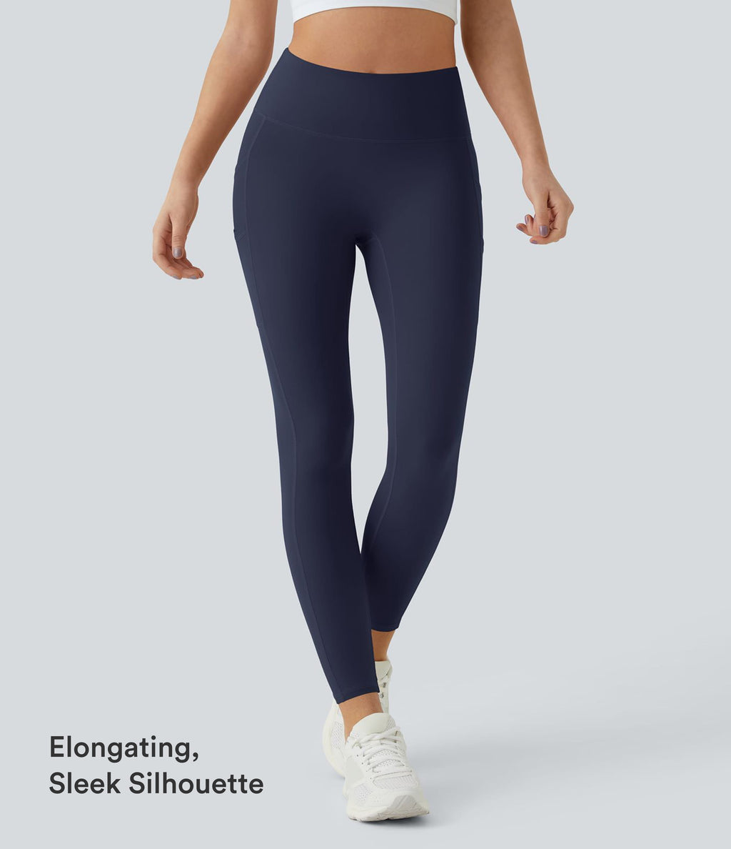 High Waisted Double Pockets Plain Leggings — Peacoat — view 2