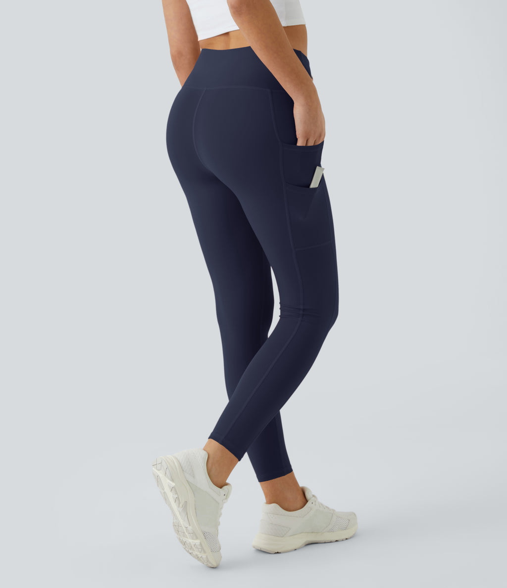 High Waisted Double Pockets Plain Leggings — Peacoat — view 4