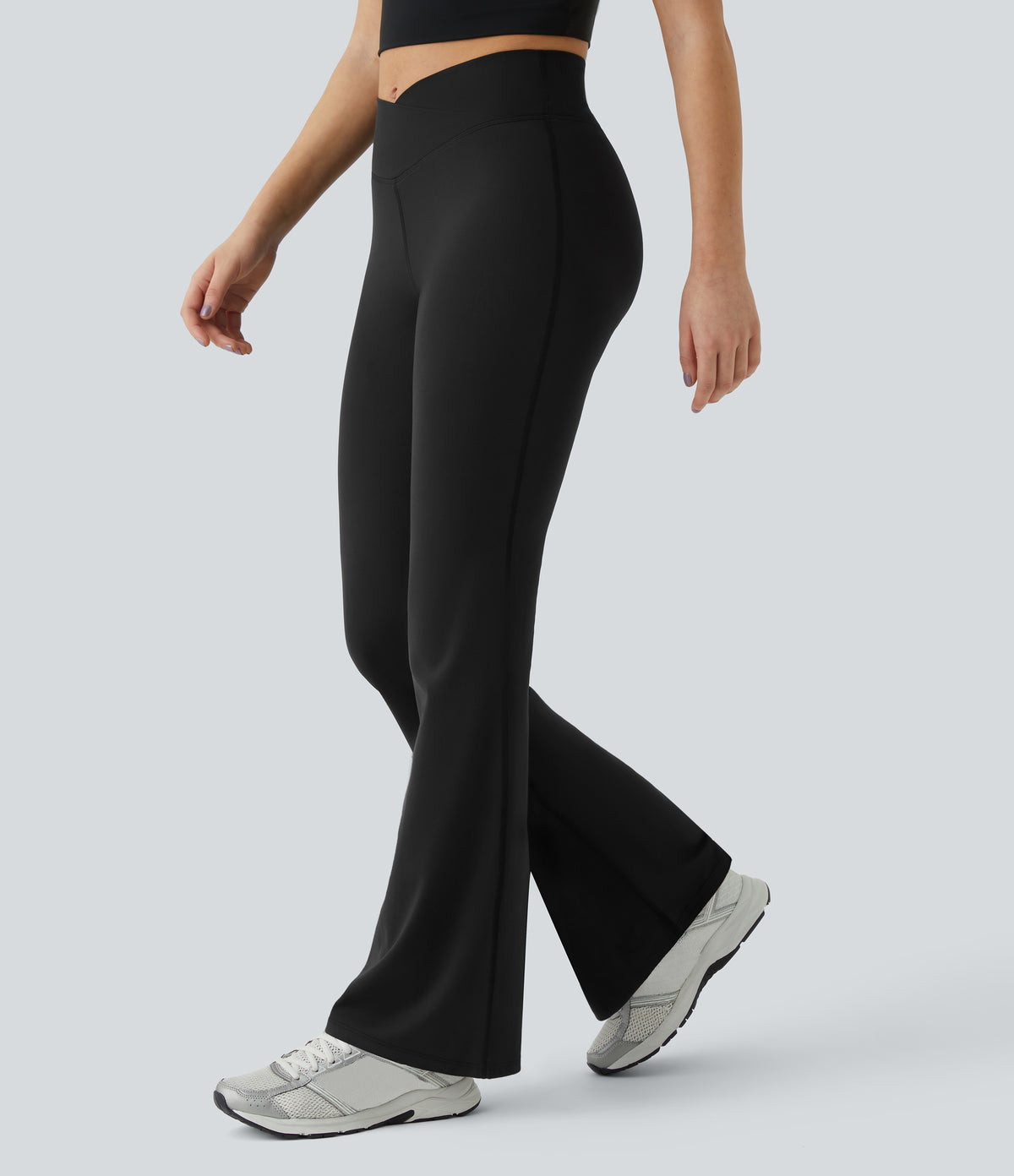 High Waisted Crossover Flare Yoga Leggings — Black — view 2