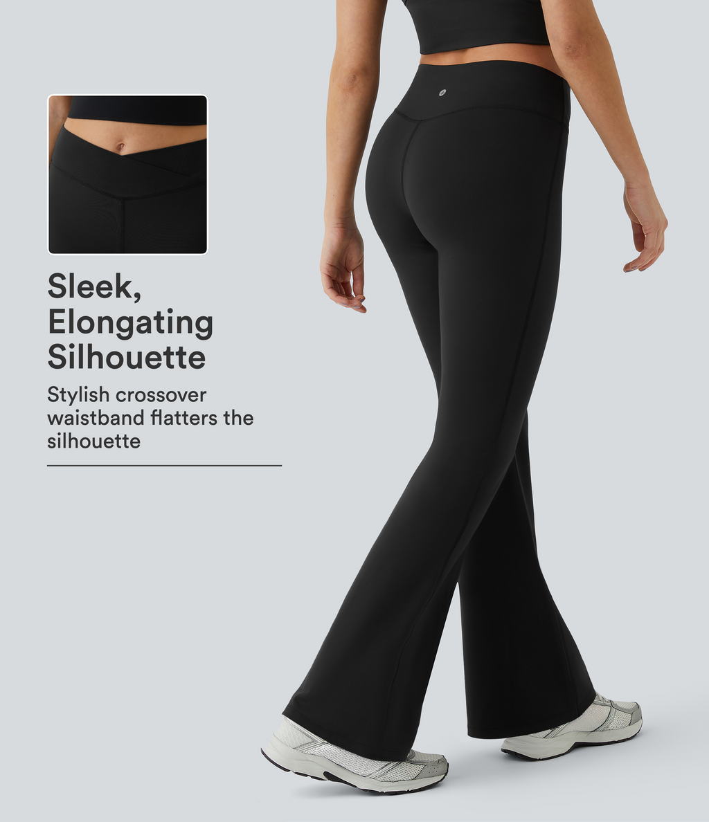 High Waisted Crossover Flare Yoga Leggings — Black — view 1