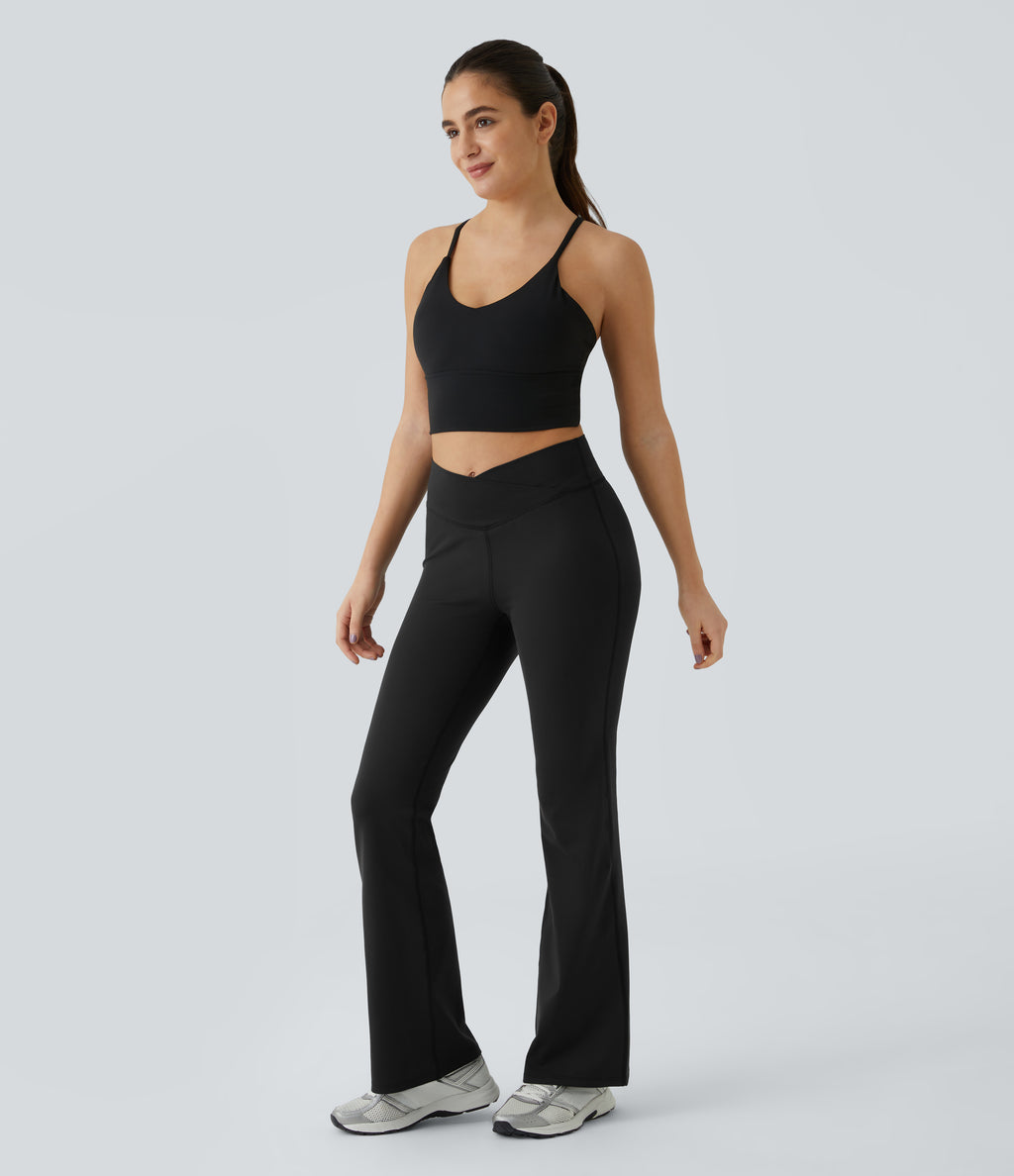 High Waisted Crossover Flare Yoga Leggings — Black — view 7