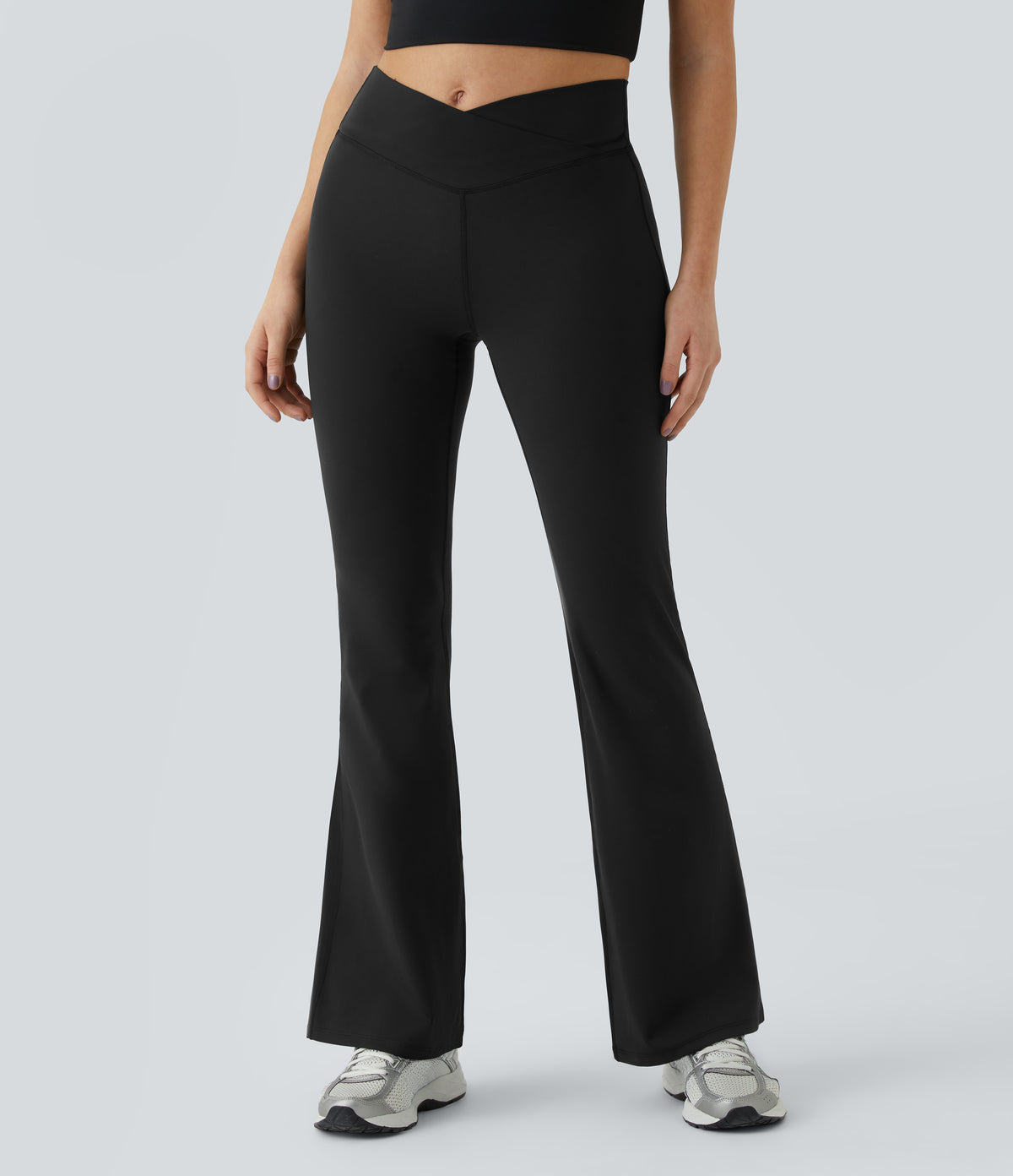 High Waisted Crossover Flare Yoga Leggings — Black — view 3