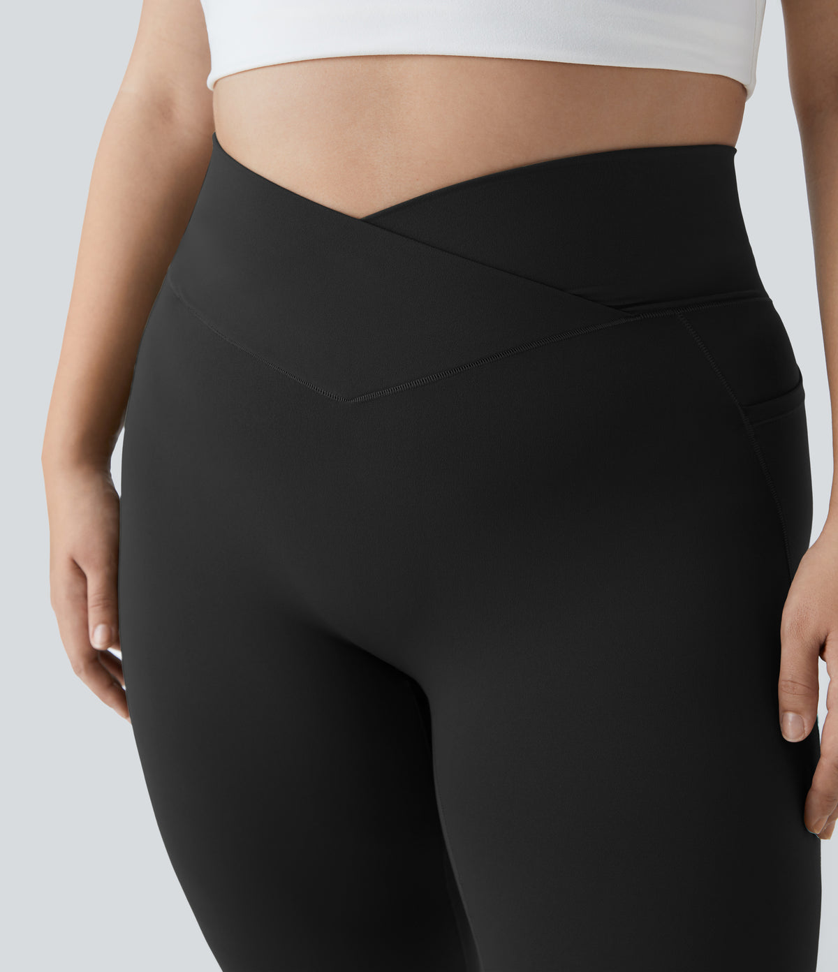 High Waisted Crossover Pocket Plain Plus Size Full Length Leggings — Black — view 6