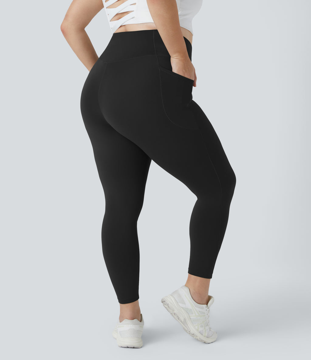 High Waisted Crossover Pocket Plain Plus Size Full Length Leggings — Black — view 3