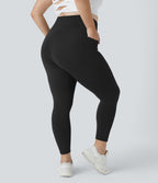High Waisted Crossover Pocket Plain Plus Size Full Length Leggings — Black — view 3