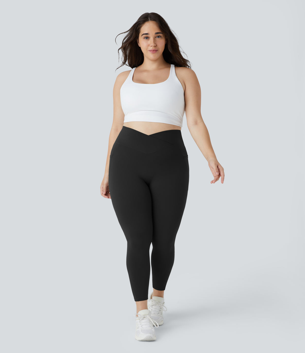 High Waisted Crossover Pocket Plain Plus Size Full Length Leggings — Black — view 1