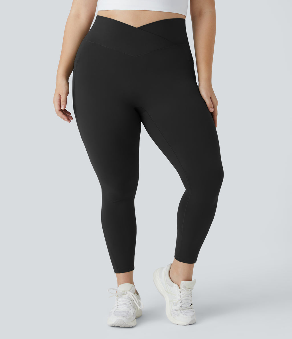 High Waisted Crossover Pocket Plain Plus Size Full Length Leggings — Black — view 4