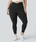 High Waisted Crossover Pocket Plain Plus Size Full Length Leggings — Black — view 4