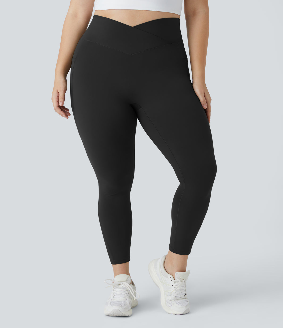 High Waisted Crossover Pocket Plain Plus Size Full Length Leggings — Black — view 4